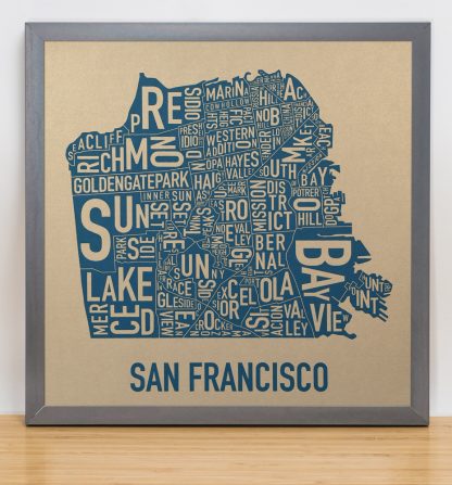 Framed San Francisco Neighborhood Map, Gold & Blue Screenprint, 12.5" x 12.5" in Steel Grey Frame