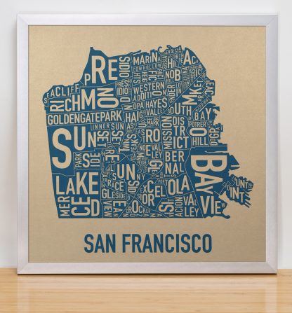 Framed San Francisco Neighborhood Map, Gold & Blue Screenprint, 12.5" x 12.5" in Silver Frame