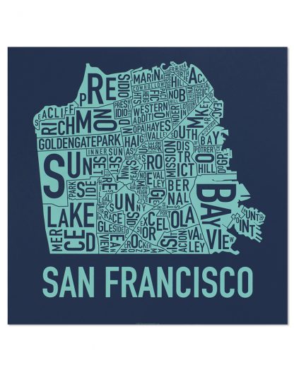 San Francisco Neighborhood Map Poster, Navy & Seafoam, 18" x 18"