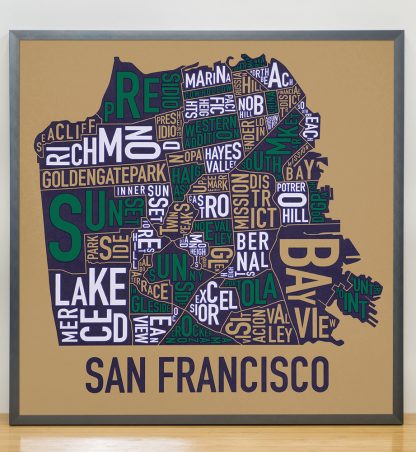 Framed San Francisco Neighborhood Map Screenprint, Tan & Multi, 22" x 22" in Steel Grey Frame