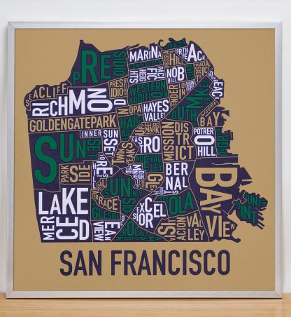 Framed San Francisco Neighborhood Map Screenprint, Tan & Multi, 22" x 22" in Silver Frame