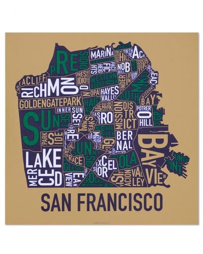 San Francisco Neighborhood Map Screenprint, Tan & Multi, 22" x 22"