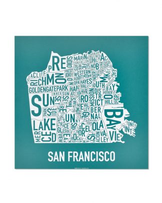 San Francisco Neighborhood Map Screenprint, Teal & White, 12.5" x 12.5"