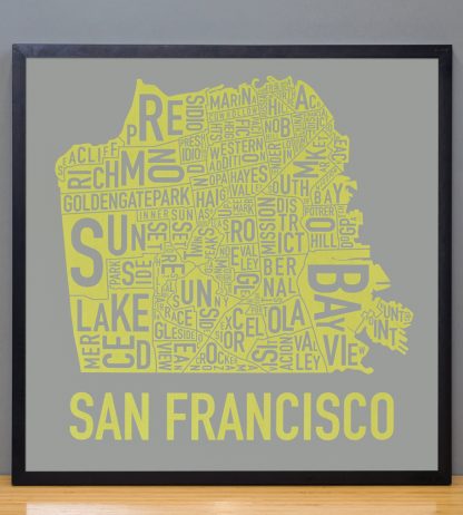 Framed San Francisco Neighborhood Map Screenprint, Grey & Yellow, 18" x 18" in Black Frame