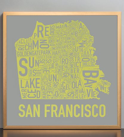 Framed San Francisco Neighborhood Map Screenprint, Grey & Yellow, 18" x 18" in Bronze Frame
