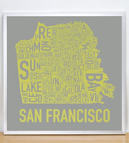 Framed San Francisco Neighborhood Map Screenprint, Grey & Yellow, 18" x 18" in Silver Frame