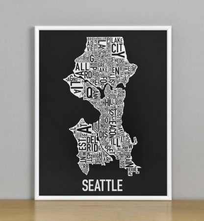 Seattle Neighborhood Map Screenprint, Black & White, 11" x 14" in White Metal Frame