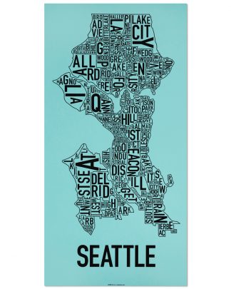 Seattle Neighborhood Map Screenprint, Turquoise & Black, 13" x 26"