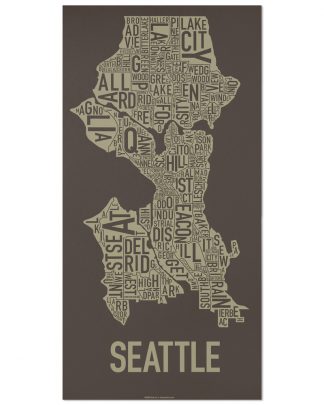 Seattle Neighborhood Map Screenprint, Brown & Gold, 13" x 26"