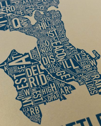 Seattle Neighborhood Map, Gold & Blue Screenprint, 11" x 14"