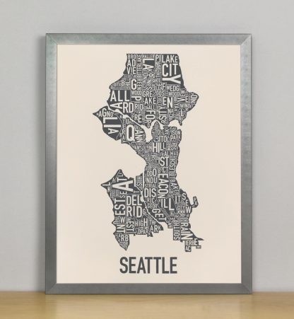 Framed Seattle Neighborhood Map Screenprint, Ivory & Grey, 11" x 14" in Steel Grey Frame