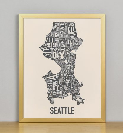 Framed Seattle Neighborhood Map Screenprint, Ivory & Grey, 11" x 14" in Bronze Frame