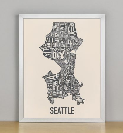 Framed Seattle Neighborhood Map Screenprint, Ivory & Grey, 11" x 14" in Silver Frame