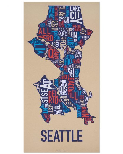 Seattle Neighborhood Map Screenprint, Tan Multi, 13" x 26"