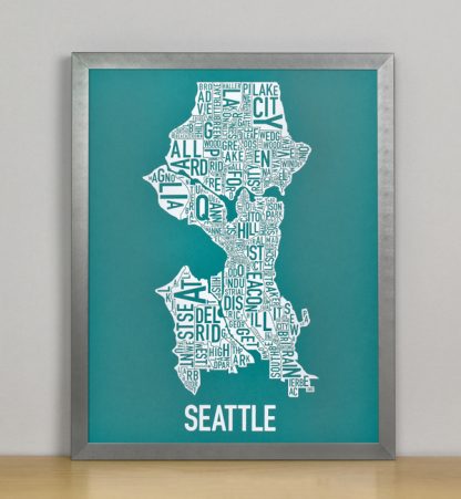 Framed Seattle Typographic Neighborhood Map Screenprint, Teal & White, 11" x 14" in Steel Grey Frame