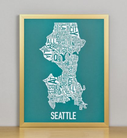 Framed Seattle Typographic Neighborhood Map Screenprint, Teal & White, 11" x 14" in Bronze Frame