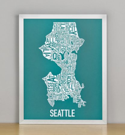 Framed Seattle Typographic Neighborhood Map Screenprint, Teal & White, 11" x 14" in Silver Frame
