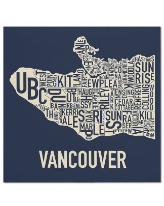 Vancouver Neighbourhood Map Screenprint, Navy & Ivory, 18" x 18"