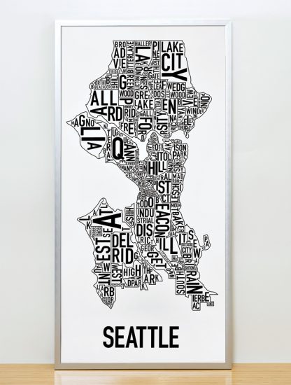 Framed Seattle Neighborhood Map Poster, Classic B&W, 16" x 32" in Silver Frame