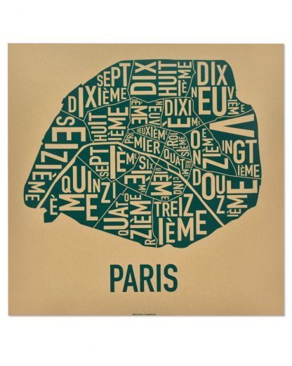 Paris Arrondissements Map Screenprint, Tan & Teal, 20" x 20"