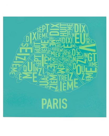 Paris Arrondissements Map Screenprint, Teal & Lime, 20" x 20"