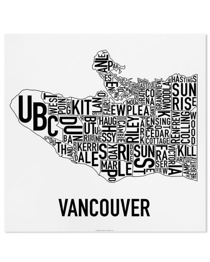 Vancouver Neighbourhood Map Poster, Classic B&W, 22" x 22"