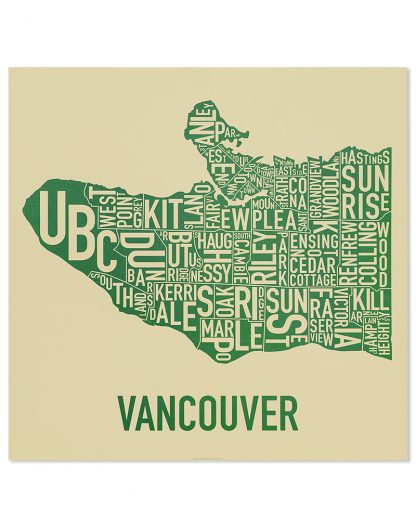 Vancouver Neighbourhood Map Poster, Tan & Green, 22" x 22"