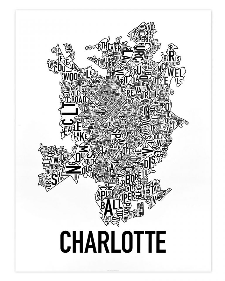 Charlotte Neighborhood Map 18" x 24" Classic B&W Poster