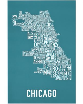 Chicago Neighborhood Map Poster, Teal & White, 24" x 36"