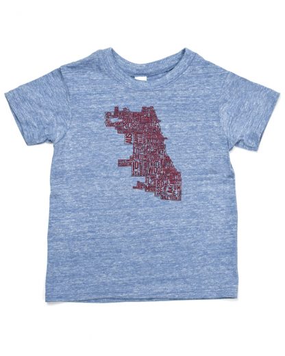 Chicago Neighborhood Map Tshirt, Kid Fit, Heather Blue & Red