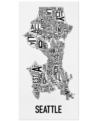 Seattle Neighborhood Map Poster, Classic B&W, 16" x 32"