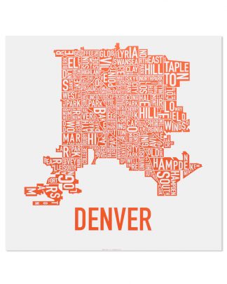 Denver Neighborhood Map, White & Orange, 18" x 18"