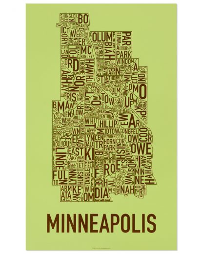Minneapolis Neighborhood Map Screenprint, Green & Brown, 16" x 26"