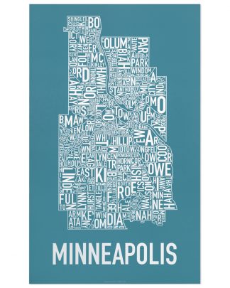 Minneapolis Neighborhood Map Poster, Teal & White, 16" x 26"