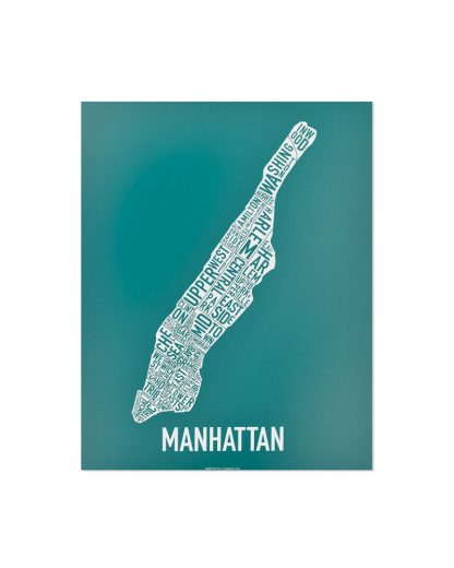 Manhattan Neighborhood Map Screenprint, Teal & White, 11" x 14"