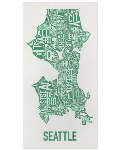 Seattle Neighborhood Map Poster, Grey & Green, 16" x 32"