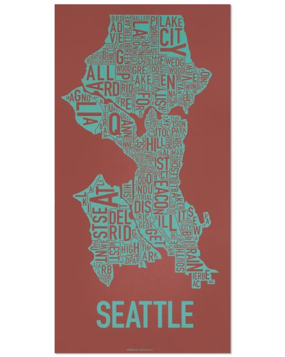 Seattle Neighborhood Map Screenprint, Rust & Teal, 13" x 26"
