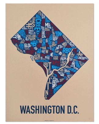Washington DC Neighborhood Map Poster, Tan/Red/White/Blue, 18" x 24"