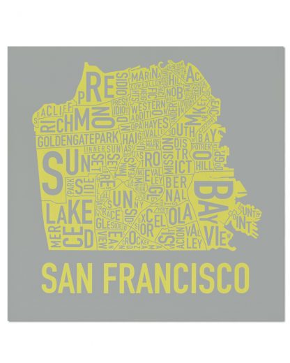 San Francisco Neighborhood Map Screenprint, Grey & Yellow, 18" x 18"