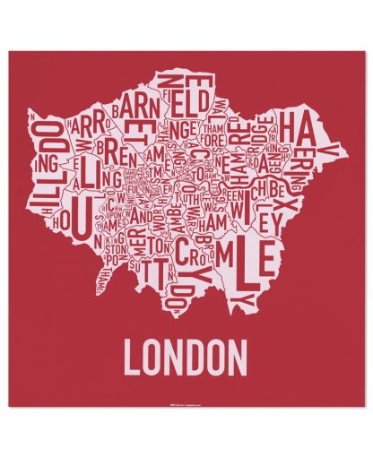 London Borroughs Map Poster Screenprint, Red & White, 20" x 20"