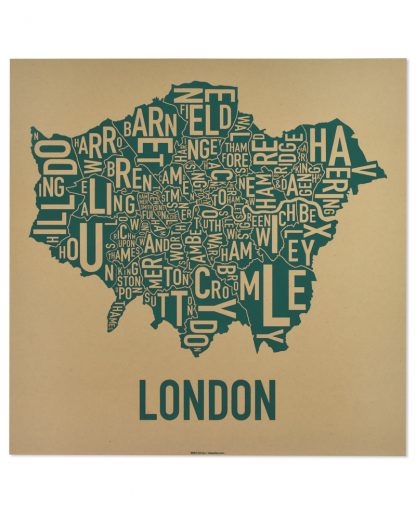 London Borroughs Map Poster Screenprint, Tan & Green, 20" x 20"
